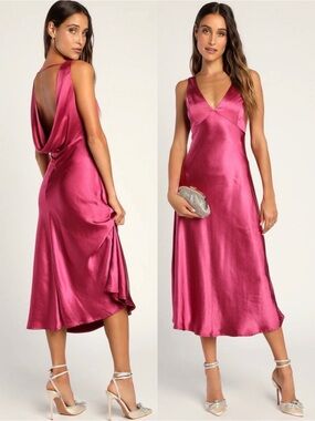 NWT Lulu’s Incredible Love Magenta Satin Cowl Back Midi Slip Dress Medium Chic